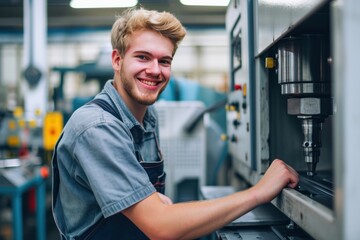 Wall Mural - A smiling, good-looking trainee stands in front of a CNC machine at a factory.