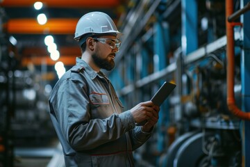 Wall Mural - Contemplative engineer holding tablet pc in robot factory