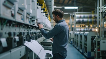 Wall Mural - Technician standing on control panel in large printer