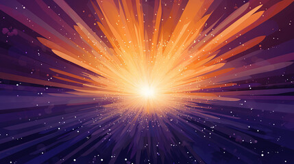 Abstract backgound with purple and orange light rays. God rays or light burst with bokeh