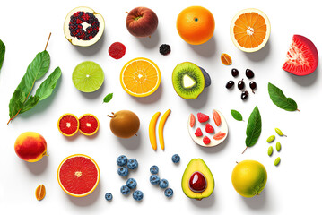 Wall Mural - Assorted fruits set on white background. Fresh and juicy, sweet fantasy fruits