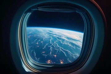 Wall Mural - A view of a distant earth-like planet With a blue atmosphere and green continents From a spaceship window
