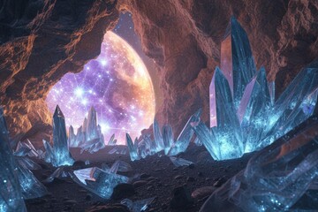 Wall Mural - an otherworldly scene of a crystal cave on a remote planet with luminous formations and a view of th