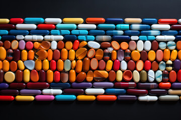 Wall Mural - Background with pills and capsules in neon blue and purple colors. Medical drug or dietary supplement concept