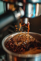 Poster - Coffee being poured into a pot of coffee beans. Perfect for coffee lovers and coffee shop promotions