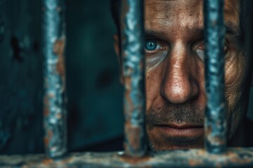 Poster - A close-up view of a person standing behind prison bars. Can be used to depict imprisonment, confinement, or justice-related themes