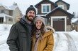 © venusvi - Happy young couple standing in front of new home. Husband and wife buying new house.