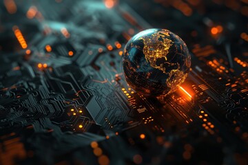 Aufkleber - The computer graphics on a dark background are the circuitry of an artificial intelligence processor with a rotating digital globe in the center.