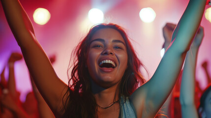 Canvas Print - young woman in a party atmosphere, joyfully raising her arms and cheering among a crowd