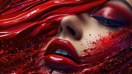 Wall Mural - Beautiful woman with creative makeup and red paint on her face