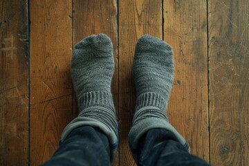 Poster - Feet in grey socks resting on a wooden floor. Suitable for home decor or lifestyle concepts