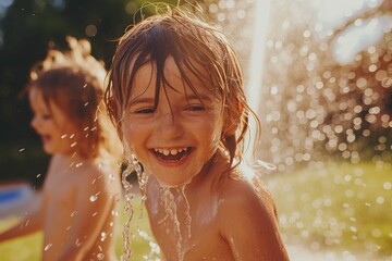Poster - Two young children having fun playing in a sprinkle of water. Perfect for summer activities or water play.