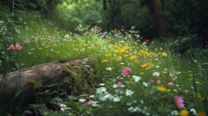 Aufkleber - A picturesque field of colorful wildflowers with a log in the foreground. Suitable for nature, outdoors, and floral-themed projects