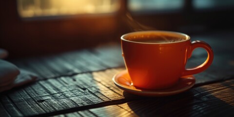 Poster - A cup of coffee sitting on top of a wooden table. Perfect for coffee shop promotions or cozy home decor