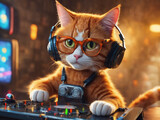 Fototapeta  - ginger dj cat with sunglasses and headphones playing music - generated by ai