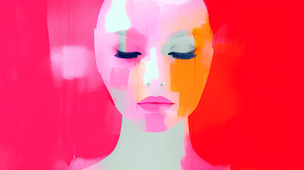 Wall Mural - This image features an abstract mannequin head with a serene expression, bold pink and orange color splashes against a vivid red background.Fashion concept. AI generated.