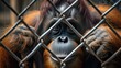 orangutan in a steel cage looks at the camera