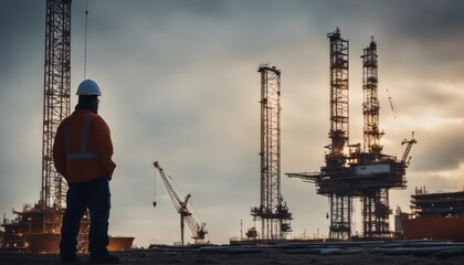 Wall Mural - roughneck (out of focus) looking at a huge oil rig being constructed
