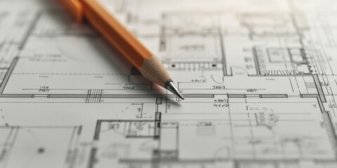 Poster - A pencil sitting on top of a blueprint. Suitable for architectural design, engineering projects, or creative concepts