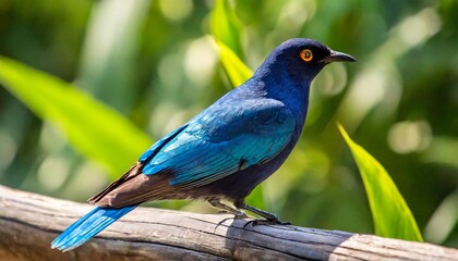 Wall Mural - a migrant blue bird called black naped monarch sitting on a perch with background