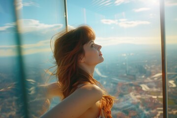 Poster - A woman is seen looking out a window at a bustling city. This image can be used to depict curiosity, urban lifestyle, or a moment of reflection