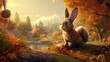 Cartoon children illustration of a rabbit under a trees park with creek in autumn