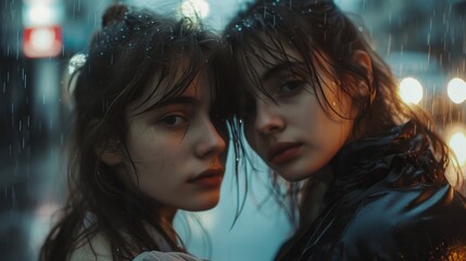 Poster - Two women standing side by side in the rain. Suitable for depicting friendship, unity, or teamwork.