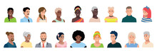 Portraits Of Happy Men And Women Of Different Ages And Races. Diversity Of Images And Expressions Of Older And Younger People. Vector Set Of Character Faces In Flat Style On A White Background.