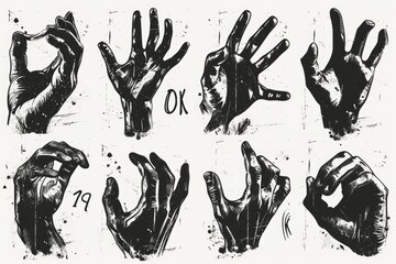 Poster - A drawing depicting various hand gestures. Can be used for communication, sign language, or illustrating concepts involving gestures
