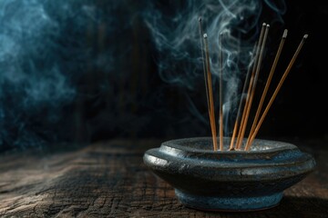Aufkleber - Incense sticks in a bowl emitting smoke. Suitable for relaxation and meditation purposes