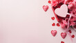 Walentynki 14 lutego - romantyczne minimalistyczne tło na życzenia. Mockup, szablon z prezentem, sercem i dekoracjami dla zakochanych. Symbol wyznana uczuć miłości. Kwiaty dla zakochanej kobiety