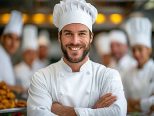 Happy smiling professional chef in commercial kitchen