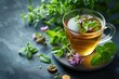 Tea made with fresh, organic green herb leaves. Generative Ai.