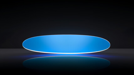 Sticker - This image depicts a minimalist blue oval object with an illuminated edge on a reflective surface against a dark background.Background  concept. AI generated.
