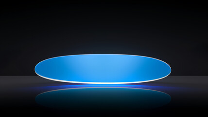 Poster - This image depicts a minimalist blue oval object with an illuminated edge on a reflective surface against a dark background.Background  concept. AI generated.