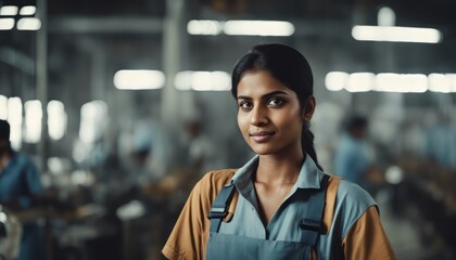 Wall Mural - Young and confident indian female worker or labor at factory