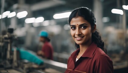 Wall Mural - young and confident indian female worker or labor at factory