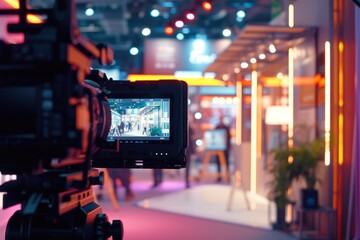 Poster - A video camera is positioned in front of a building. This image can be used to depict surveillance, security, or filming activities