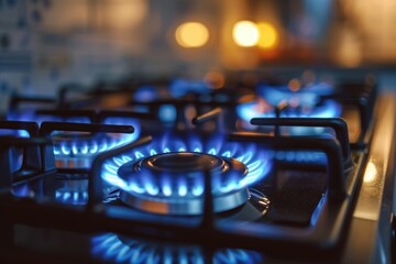 Wall Mural - A detailed view of a gas stove with blue flames. This image can be used to illustrate the concept of cooking or home appliances