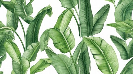 Wall Mural - Seamless pattern banana tree and leaves that it is a tropical plant on white background, Generative Ai