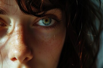 Poster - A close up view of a woman's face with prominent freckles. This image can be used to depict natural beauty, skincare, or diversity in beauty