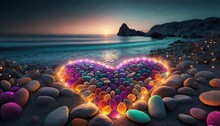 Heart-shaped Colorful Pebbles Across The Coastline	
