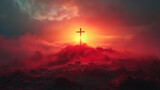 Fototapeta Tęcza - Sunset behind cross in Easter landscape