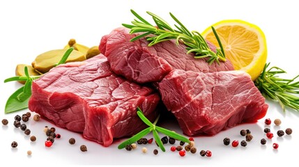 Poster - A pile of raw meat next to a lemon and pepper. Perfect for food preparation and cooking recipes