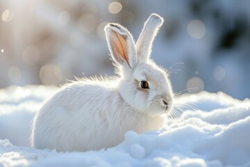 Poster - A white rabbit sitting in the snow. Can be used to depict winter, animals, or nature scenes