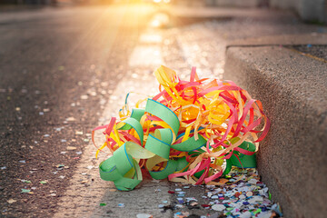 Colorful confetti and streamers at the street after Carnival show