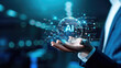 © kiatipol - Businessman hand holding virtual earth icons with text 'AI' digital chatbot, robot application, conversation assistant, AI Artificial Intelligence concept, digital chatbot virtual screen.