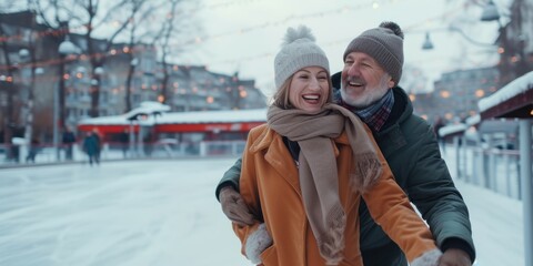 Poster - A couple walking together in a snowy landscape. Suitable for winter-themed projects