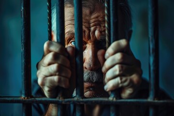 Poster - A close-up view of a person behind bars. This image can be used to depict themes of confinement, imprisonment, justice, or crime