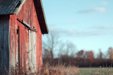 Poster - A picturesque red barn standing in a field surrounded by tall grass. Perfect for rural and countryside themes
